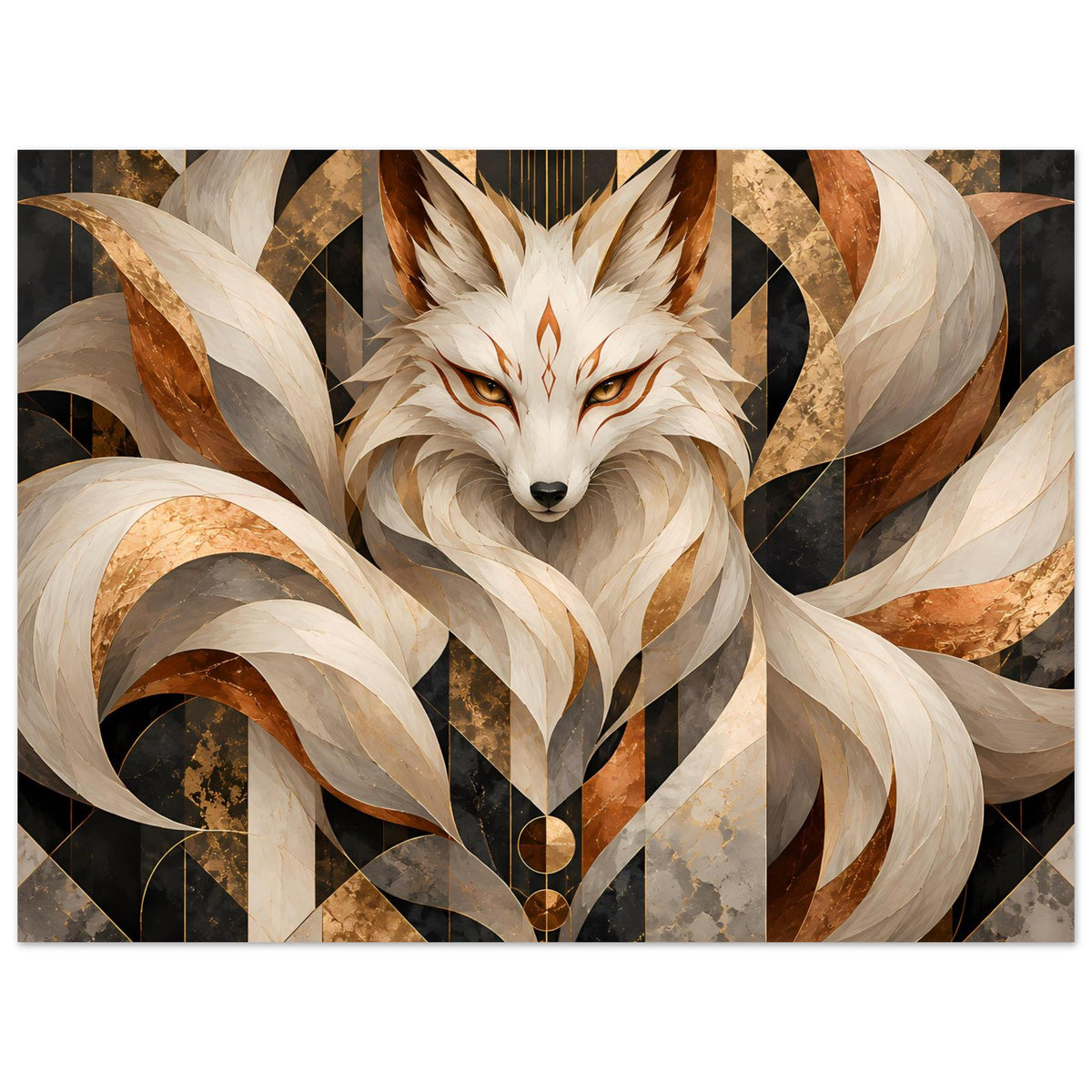 Geometrisches Poster: weißer Fuchs im Fokus, goldene Akzente und geschwungene Bänder