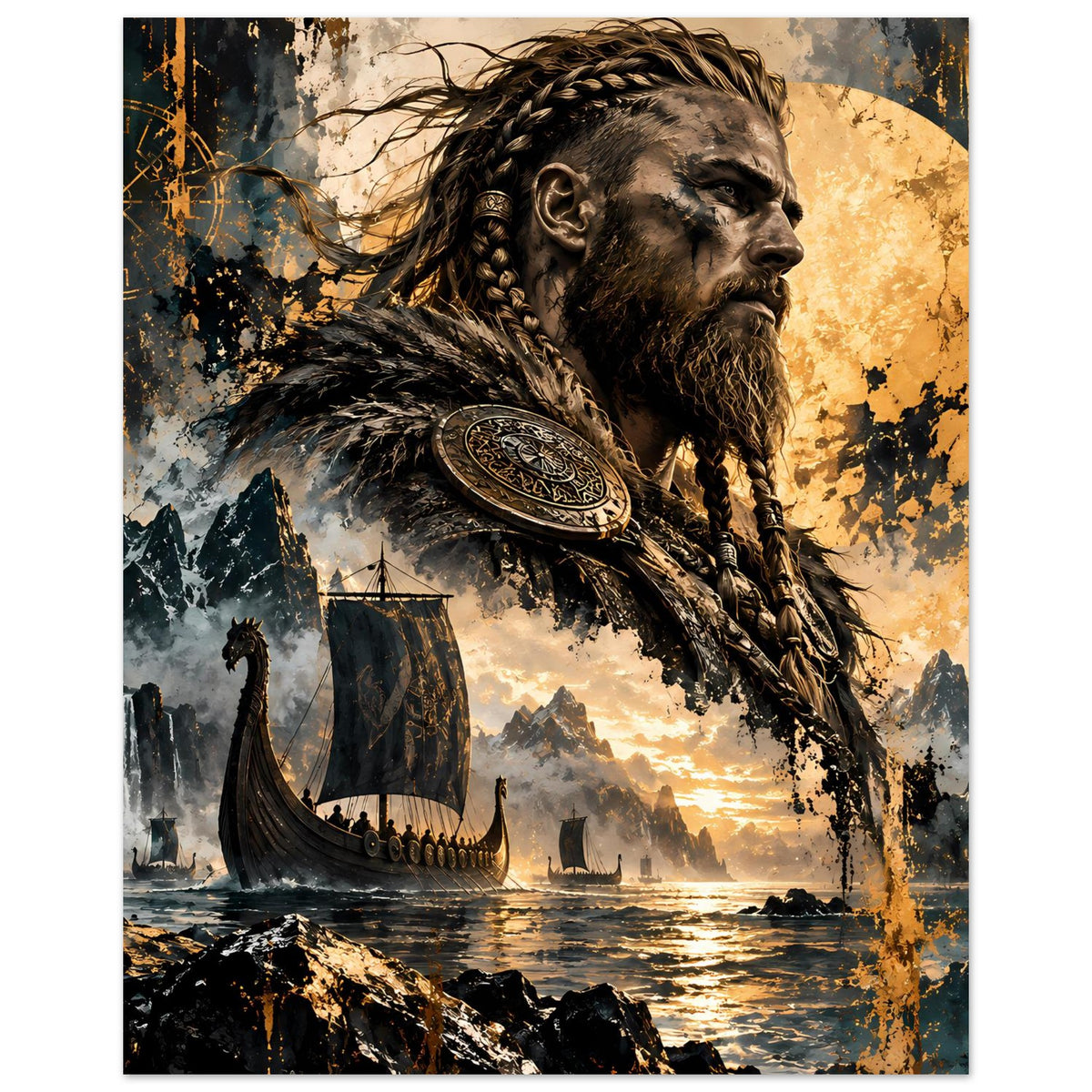 Wikingersoldaten-Poster: Kriegerprofil mit Zopf, Fellumhang und rundem Anhänger, Boot am Meer