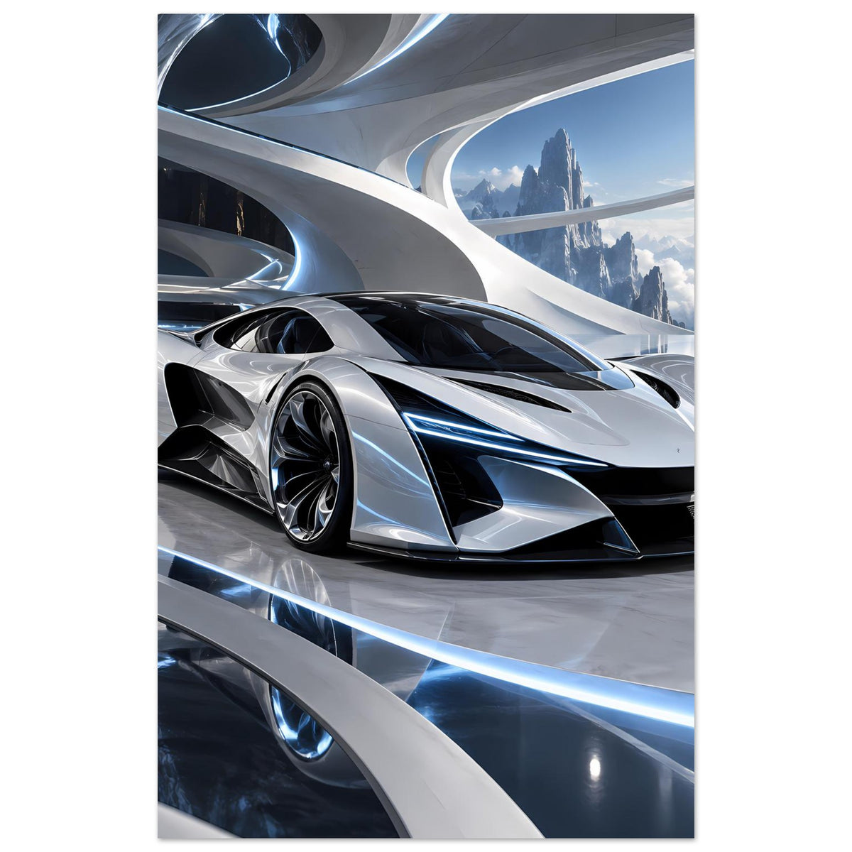 Futuristisches Auto-Poster: silberner Supersportwagen in 3/4-Frontansicht, schwarze Akzente