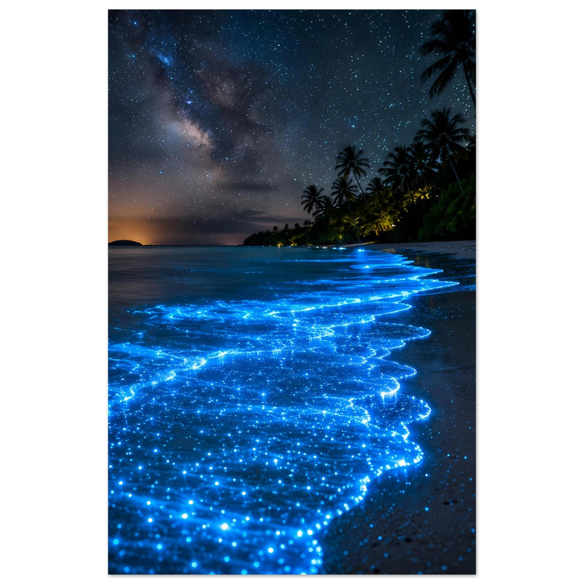 Vertikales Meeresposter: leuchtende blaue Wellen auf dunklem Strand bei Nacht, Palmen