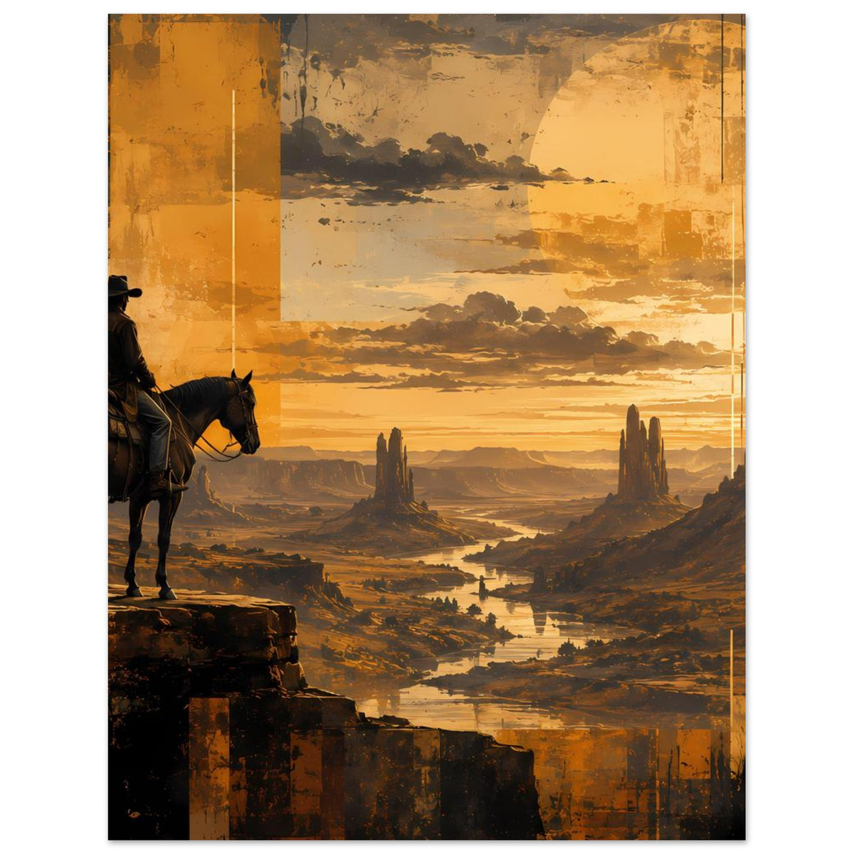 Vertikales Poster mit Cowboy auf Pferd links, Sonnenuntergang über Schluchten im Westen