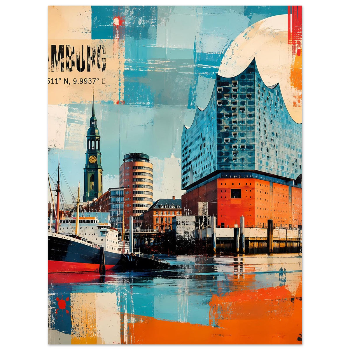 Poster mit Elbphilharmonie und Hafen-Schiffen, türkis und orange im abstrakten Stil