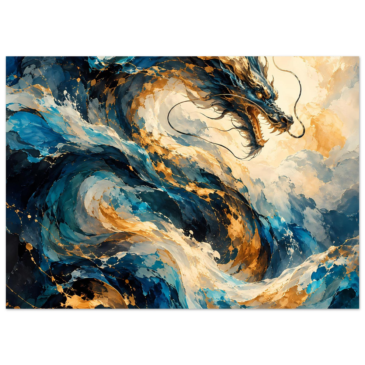 Fantasy-Drachenposter im Querformat, Drache mit offenen Flügeln in Blau und Gold