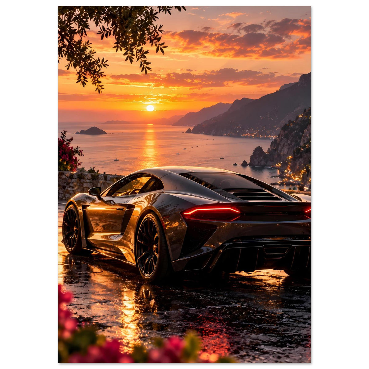 Sportwagen-Sunset-Poster im Hochformat: silberner Supersportwagen mit roten Heckleuchten