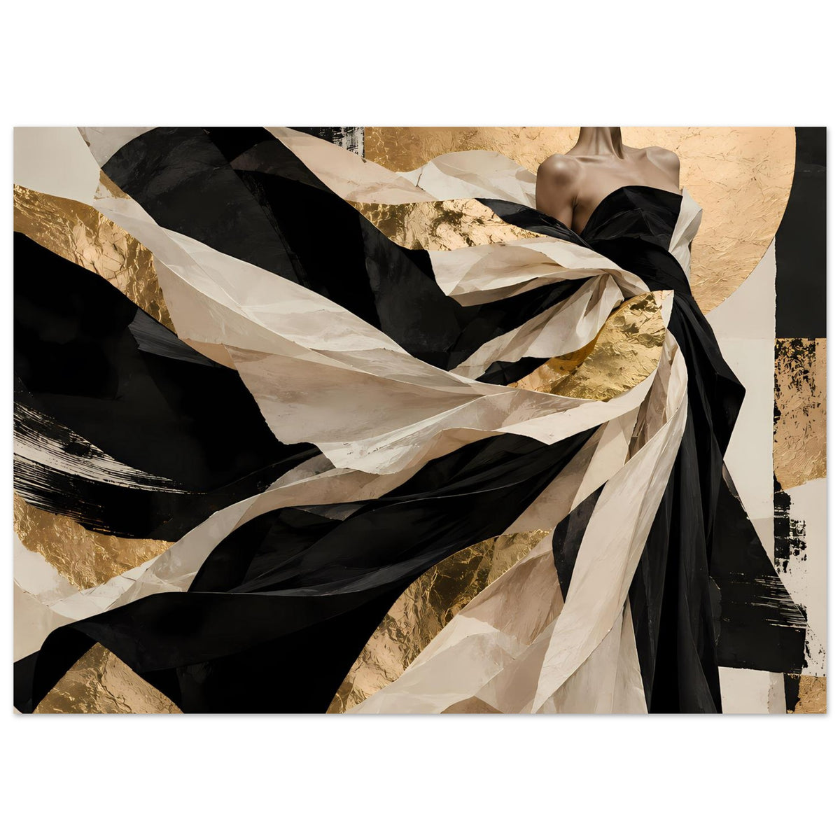 Kunstposter, Querformat: abstrakte Frau im schwarzen Kleid mit schwarzen und gold-creme Falten