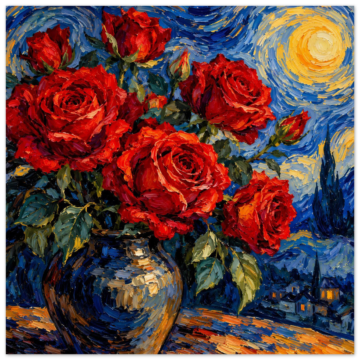 Poster mit roten Rosen in Vase, blaues Nachtbild mit goldener Spirale und Lichtreflexen