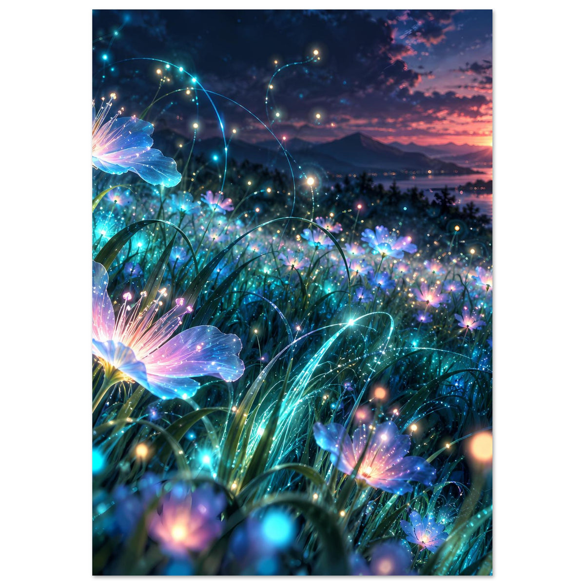 Vertikales Poster: blaue Leuchtblüten mit Glühfäden und Sternenfunken, Sonnenuntergangsfarbener Himmel