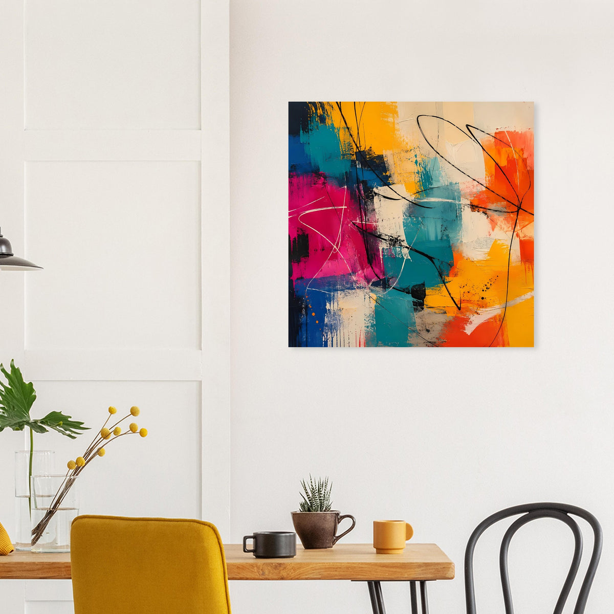 Buntes Abstract-Poster mit farbigen Flächen, Pinselstrichen und schwarzen Linien