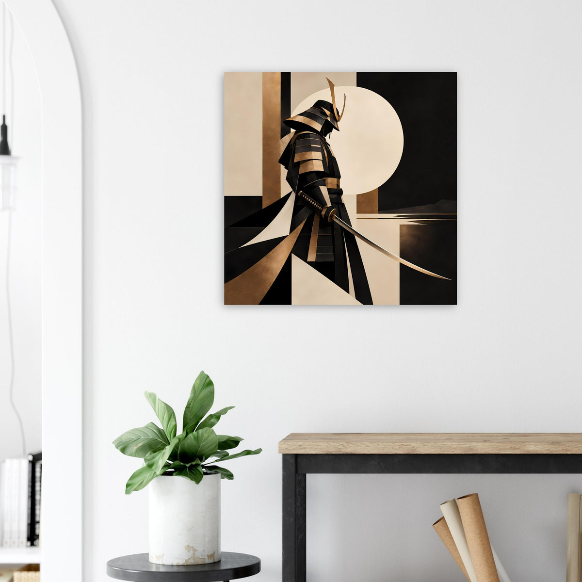 Kunstposter mit Samurai-Silhouette in Gold- und Schwarztönen, geometrische Rechtecke und Linien