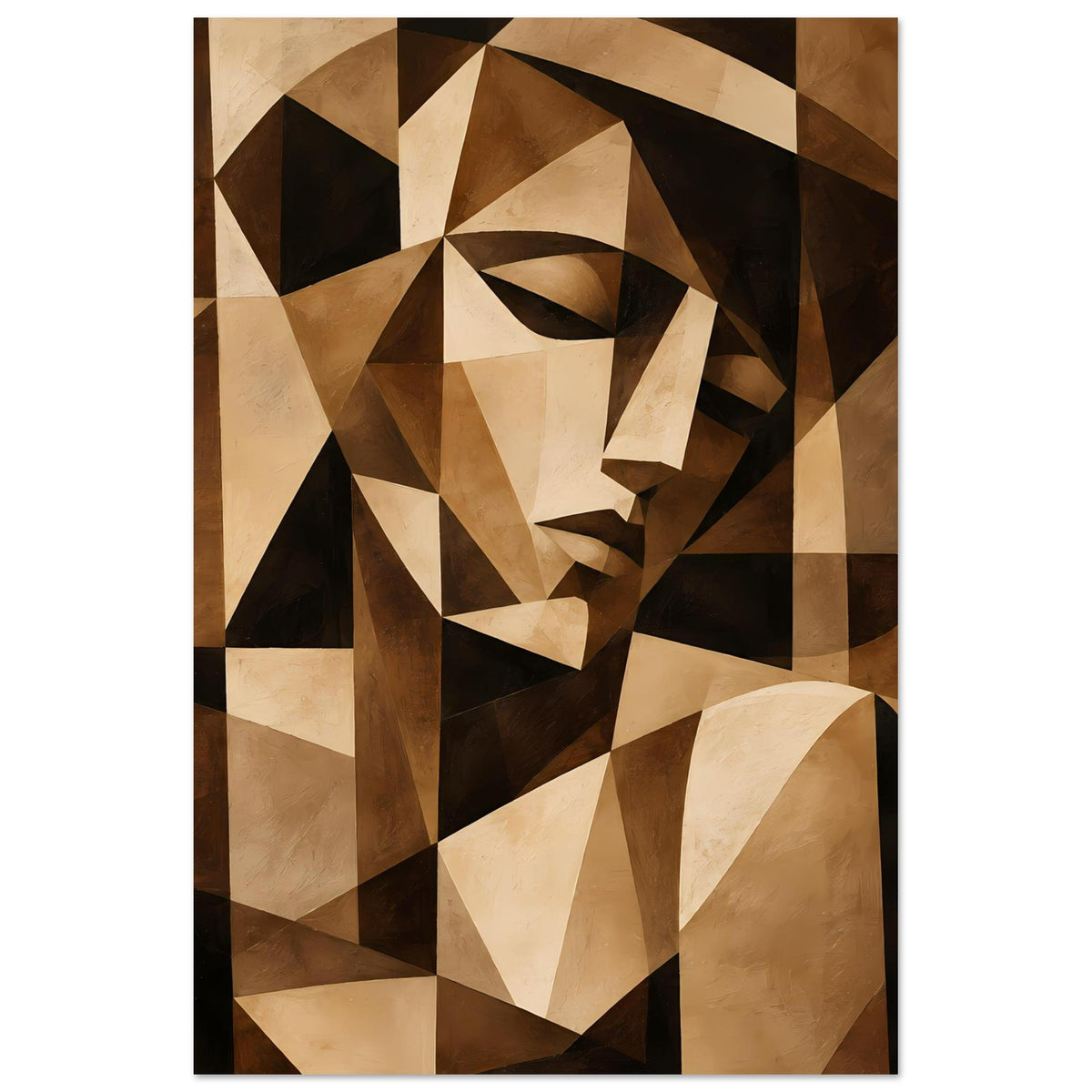 Kubistisches Kunstposter im Hochformat mit Gesichtsfragmenten in Braun und Beige