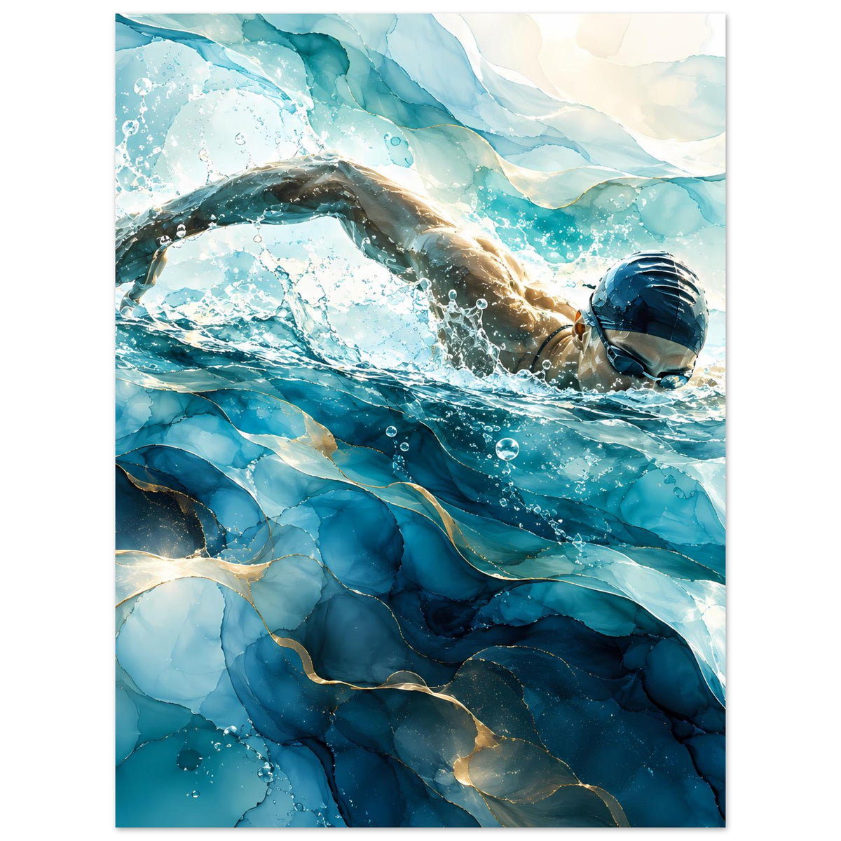Schwimmer-Poster im Blau, vertikal: Taucherkopf rechts, Wasserwirbel und schimmernde Blasen