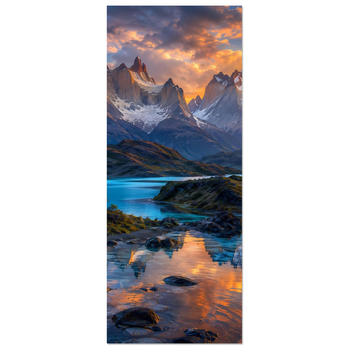 Poster im Hochformat mit Berglandschaft bei Abendsonne, Fluss und Steine im Vordergrund