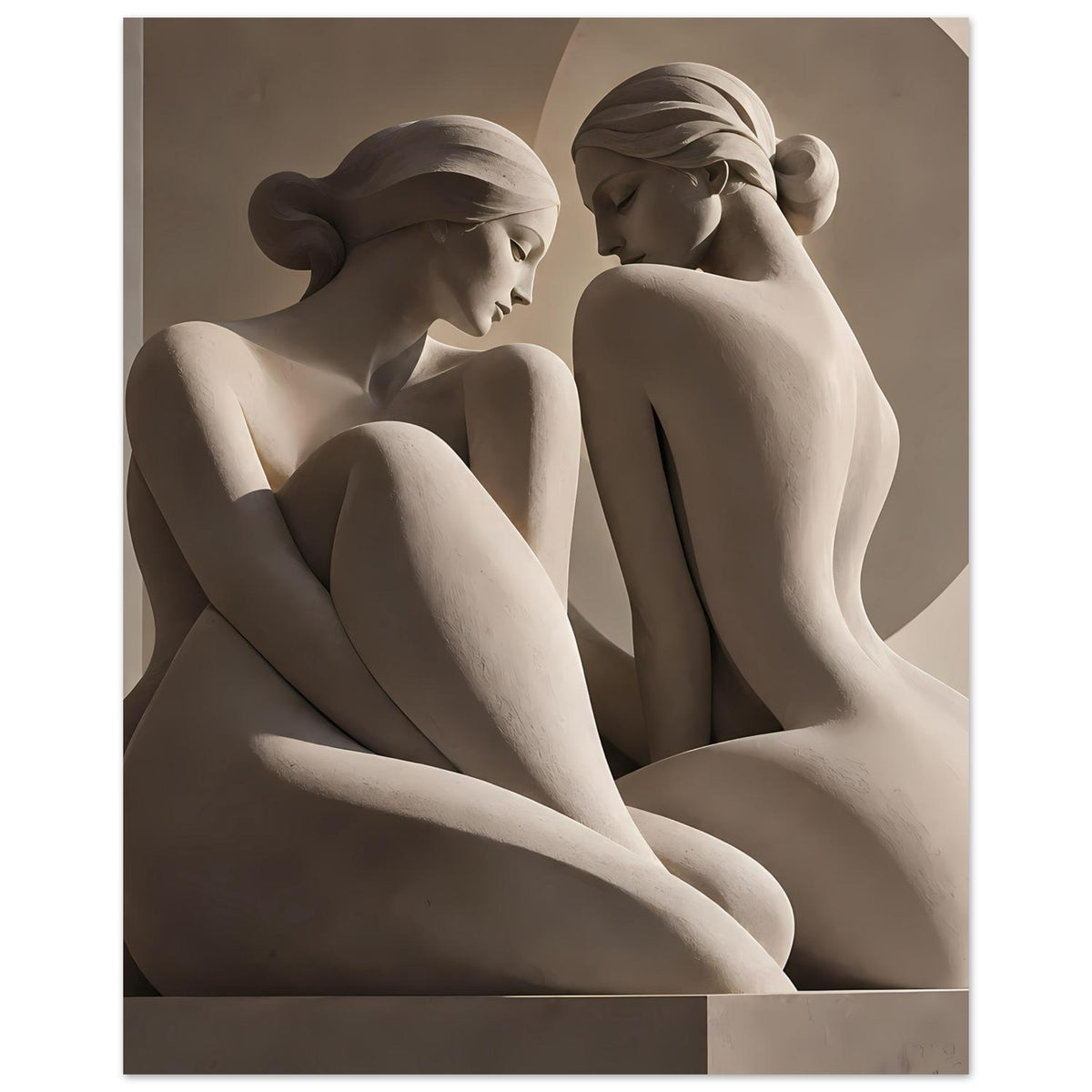 Kunstdruck mit zwei antiken Aktfiguren, klassische Sitzhaltung, monochrom