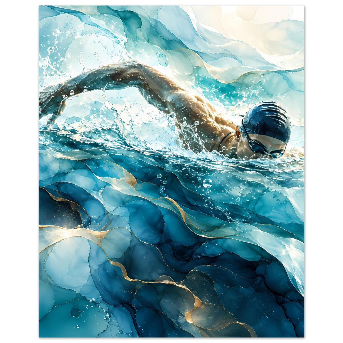 Wandposter mit Schwimmer unter Wasser, blaue Strömungen und Lichtreflexe, vertikal