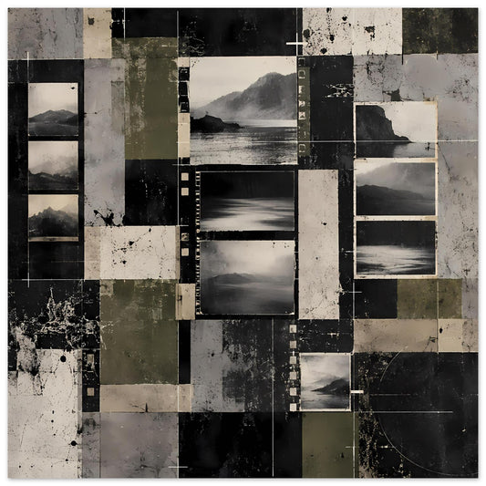 Abstract-Landschaftsposter als Collage mit Schwarz, Grau, Beige und olivgrünen Flächen
