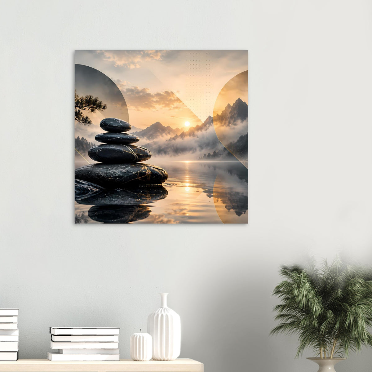 Quadratisches Wandposter mit Steinhaufen, Sonnenaufgang und Bergspiegelung