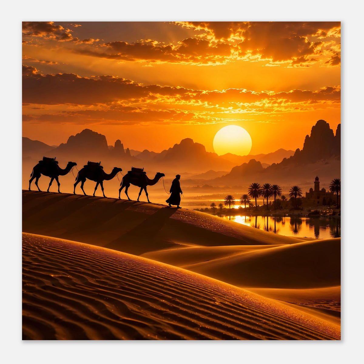 Premium-Poster: Horizontales Motiv, Wüstenkarawane mit Kamelen am Wasser bei untergehender Sonne