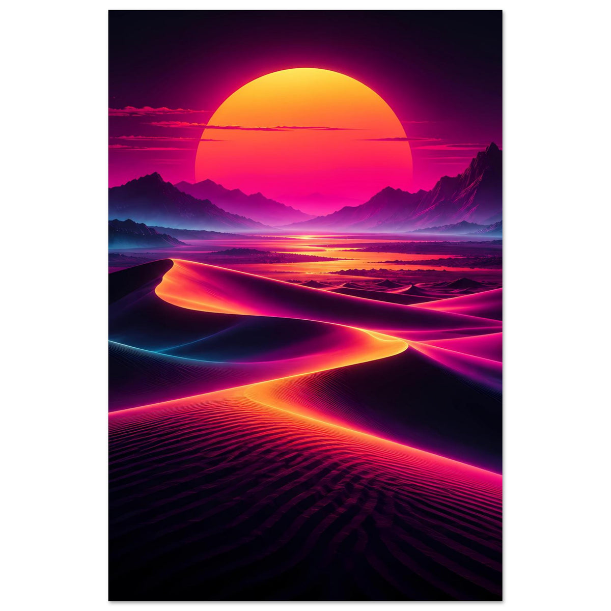 Neon-Sonnenuntergangs-Poster: großer orangefarbener Sonnenbogen über Wüstenhügeln, Lichtspuren