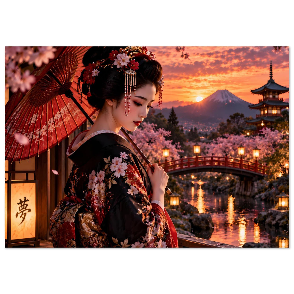 Poster mit Frau im Kimono, rotem Schirm und Kirschblüten am Sonnenuntergang, Blick auf Brücke