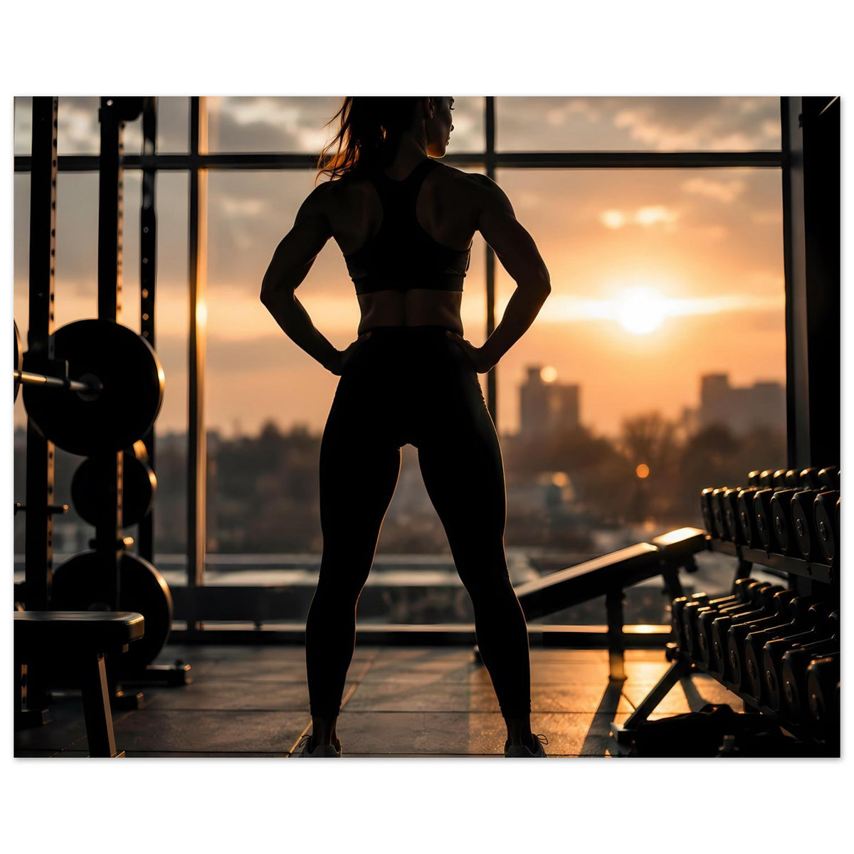 Fitness-Poster: schwarze Silhouette einer Frau mit gestreckten Armen an der Hüfte, vor Geräten