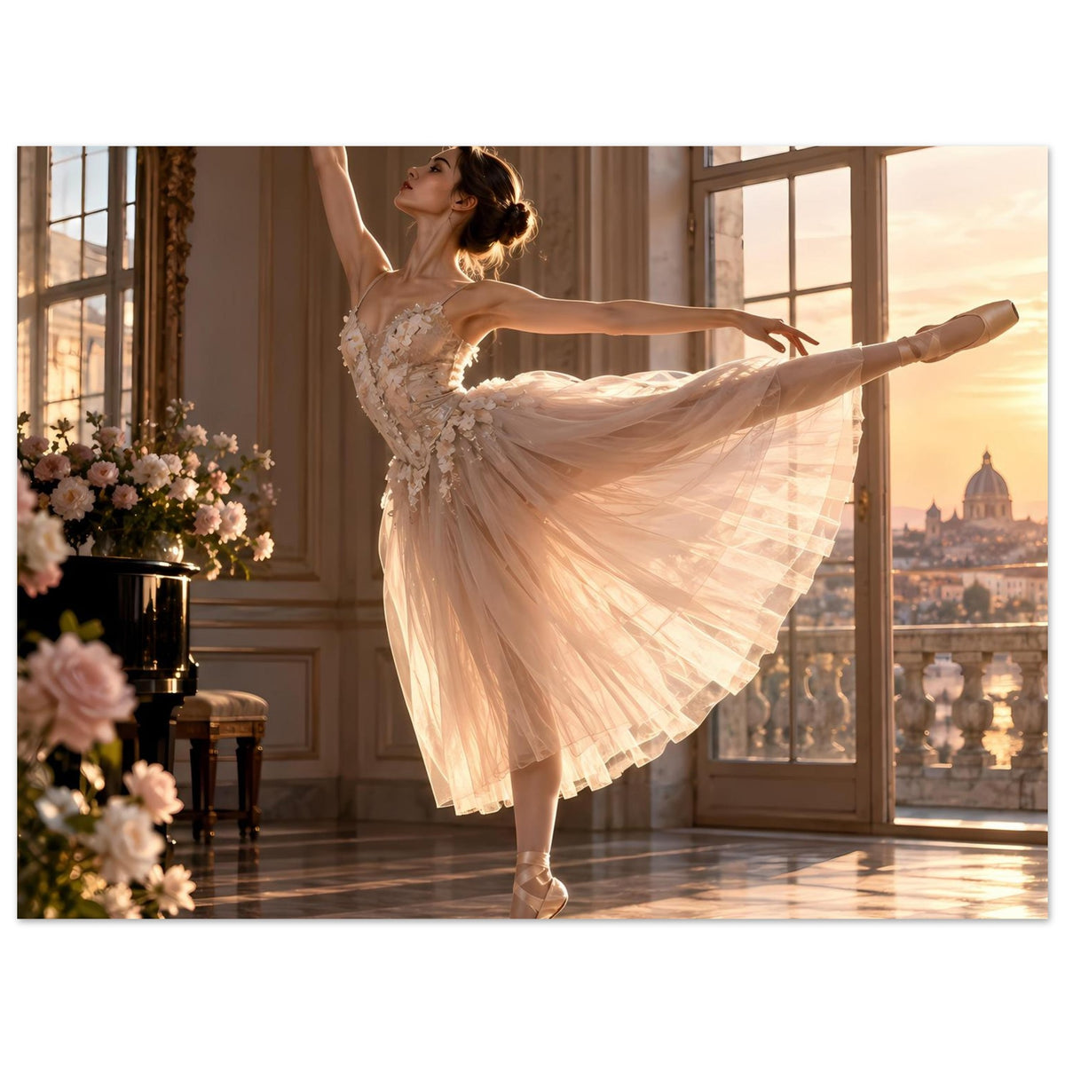 Ballerina im goldenen Tutu auf Poster, Balance auf Zehenspitzen im Kleid