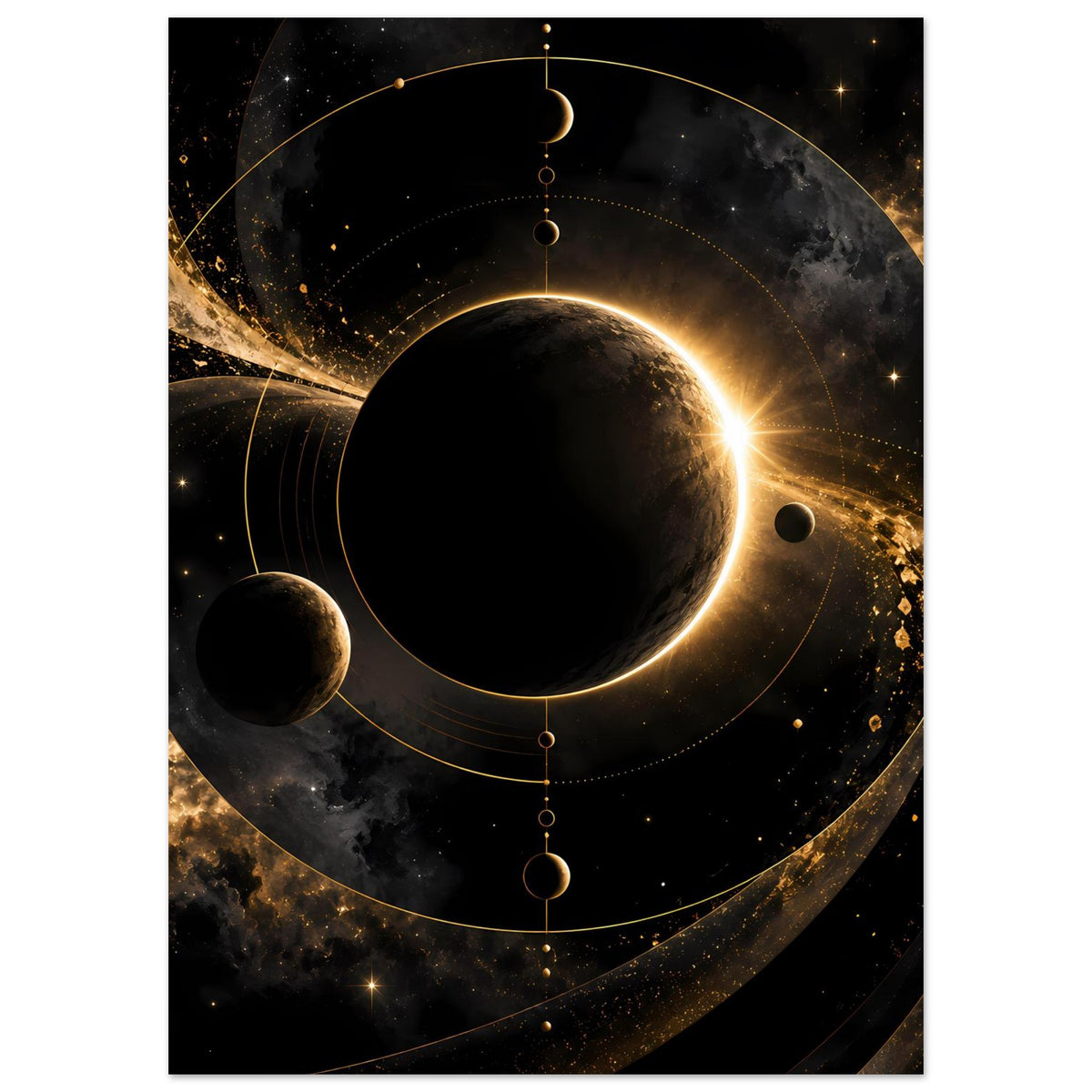 Poster mit großem schwarzem Planeten, goldenen Umlaufbahnen und goldenem Strahlenkranz