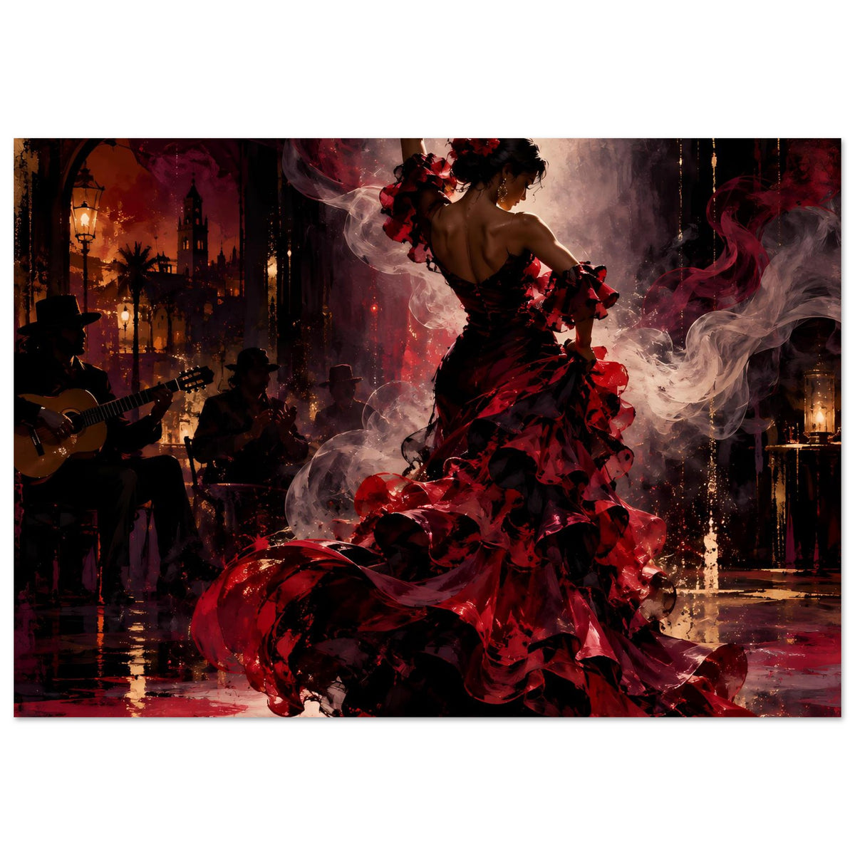 Flamenco-Passion Poster: Flamenco-Tänzerin im roten Kleid, Kerzenlichter und Kirchenkulisse
