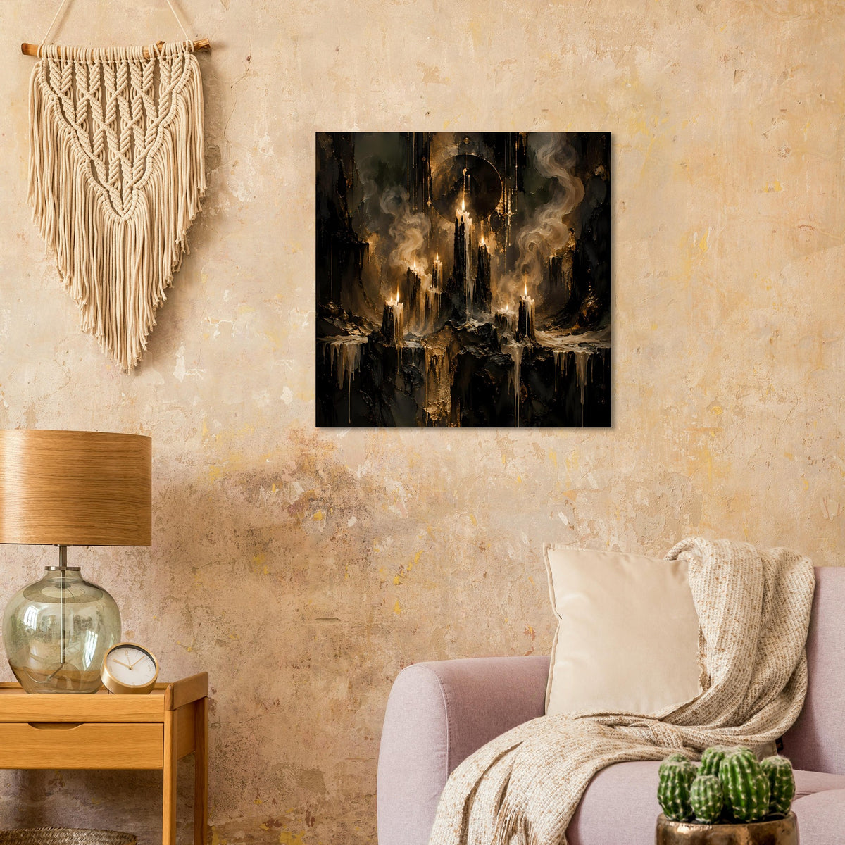 Quadratisches Poster: schwarze, gold leuchtende Kerzen im Nebel vor dunklem Hintergrund.