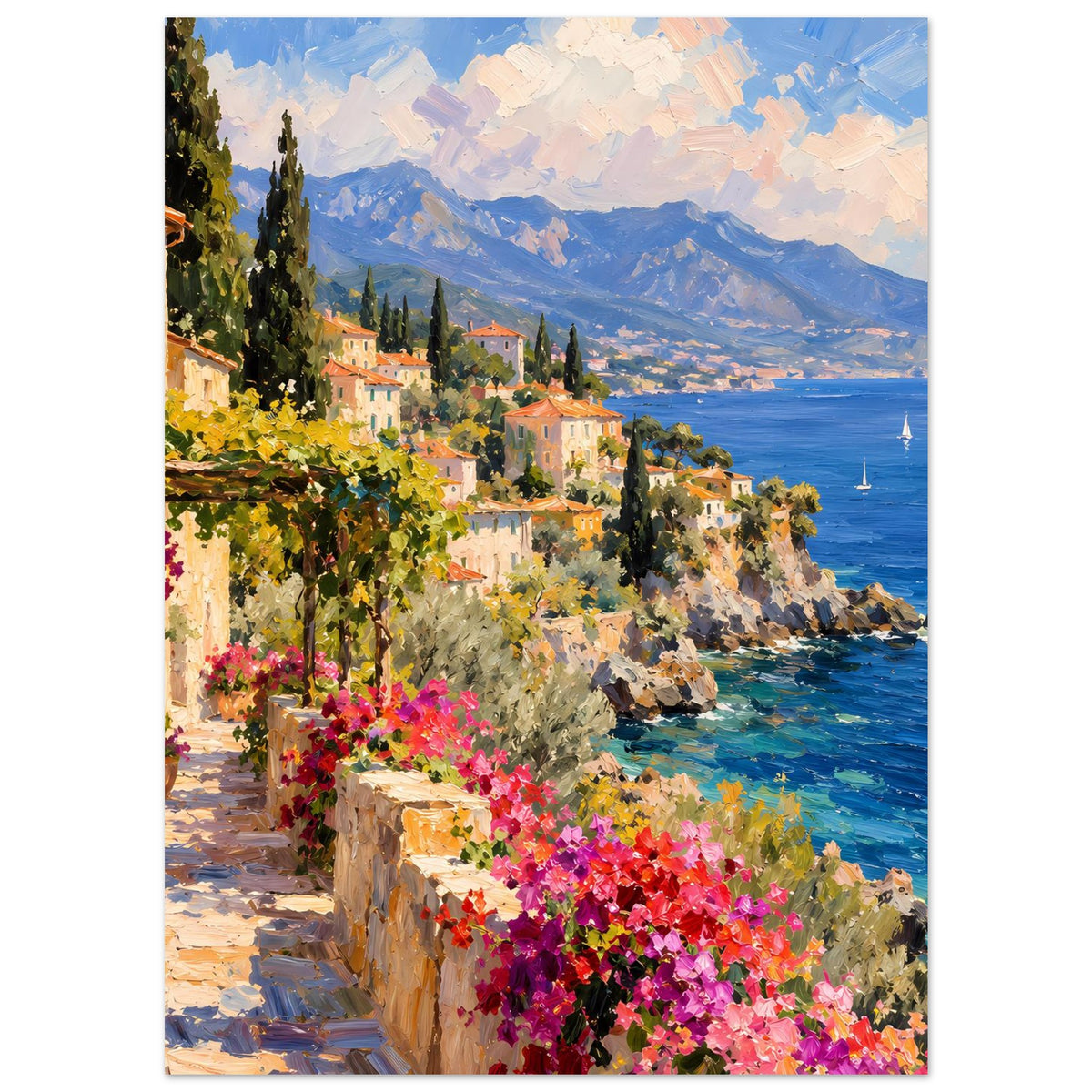 Hochformat-Poster mit Küstenhäusern, üppigem Grün und leuchtend pinken Blüten