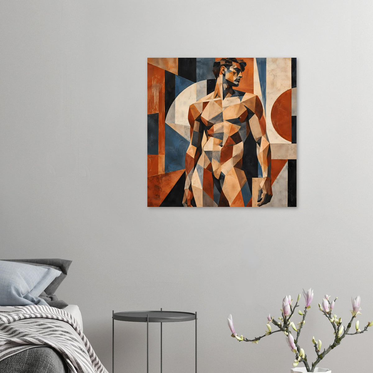 Kleiner Kunstdruck mit geometrischer Aktfigur eines Mannes, warmes Erdtöne-Mosaik