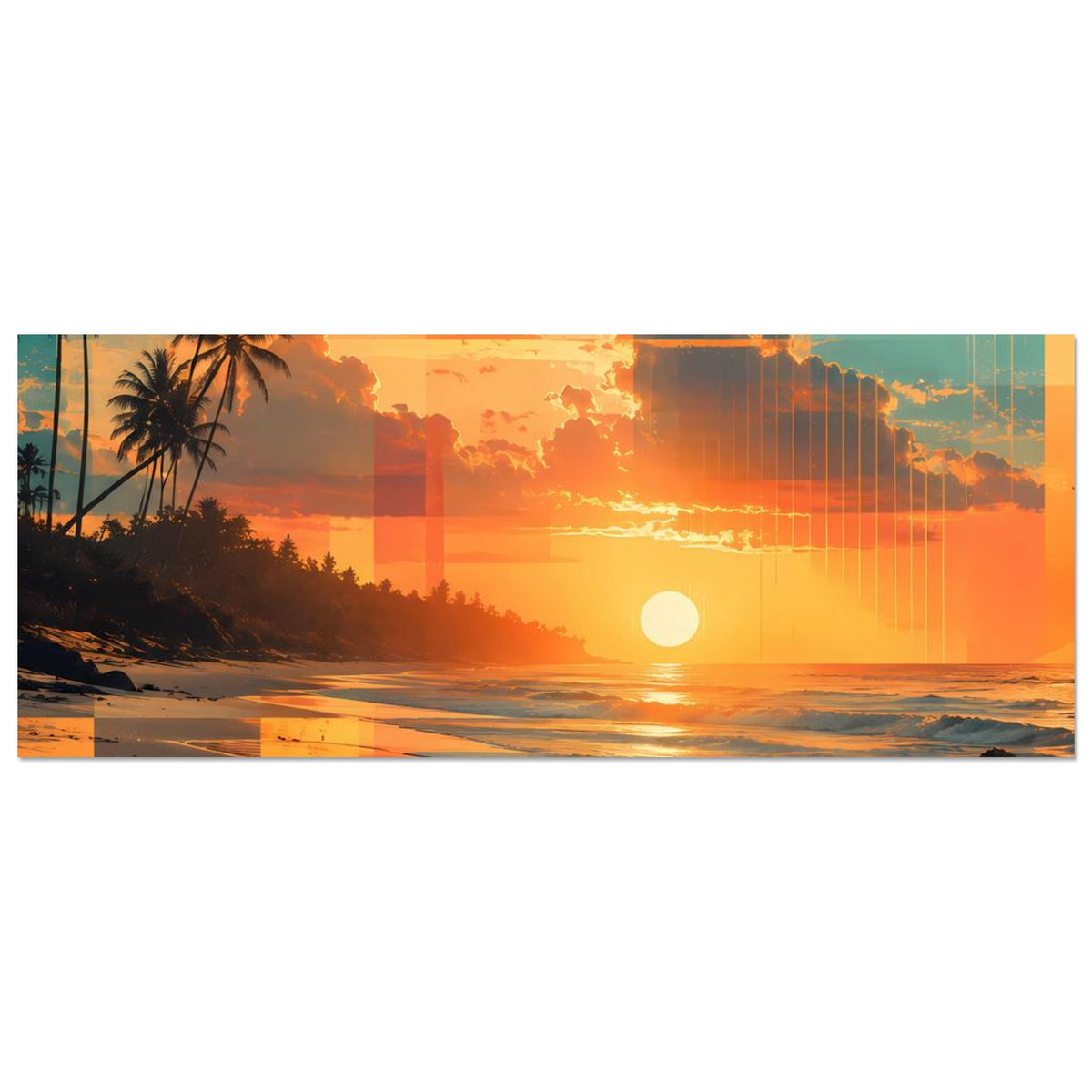 Beachdruck-Poster im Querformat, Panorama mit Palmen, Sonne und Strand bei Sonnenuntergang
