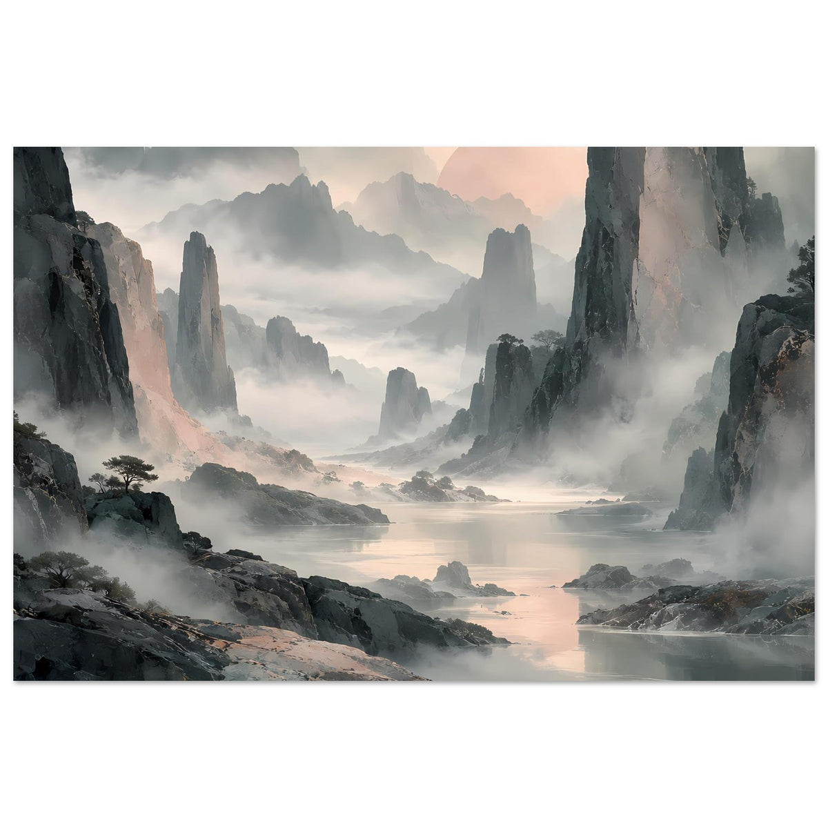 Gerahmtes Querformat-Poster: bergige Schluchten im Nebel, sanfter Pastellhimmel