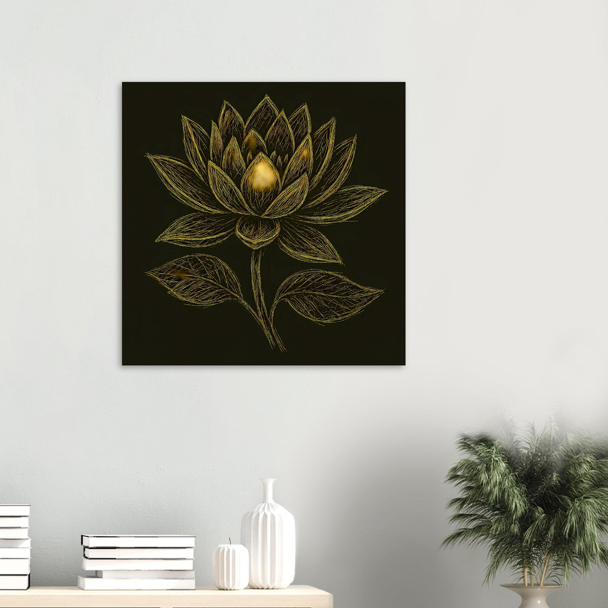 Quadratisches Poster mit goldener Lotusblüte und Blättern auf dunklem Hintergrund