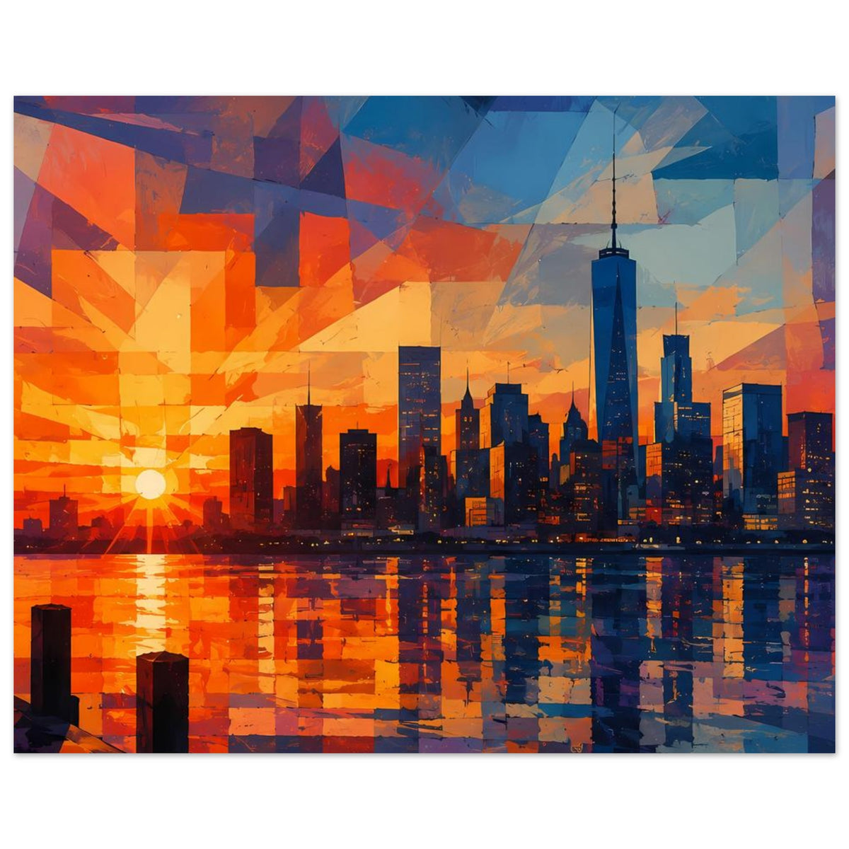 Querformat-Poster mit geometrischen Flächen, Skyline bei Sonnenuntergang und spiegelndem Wasser