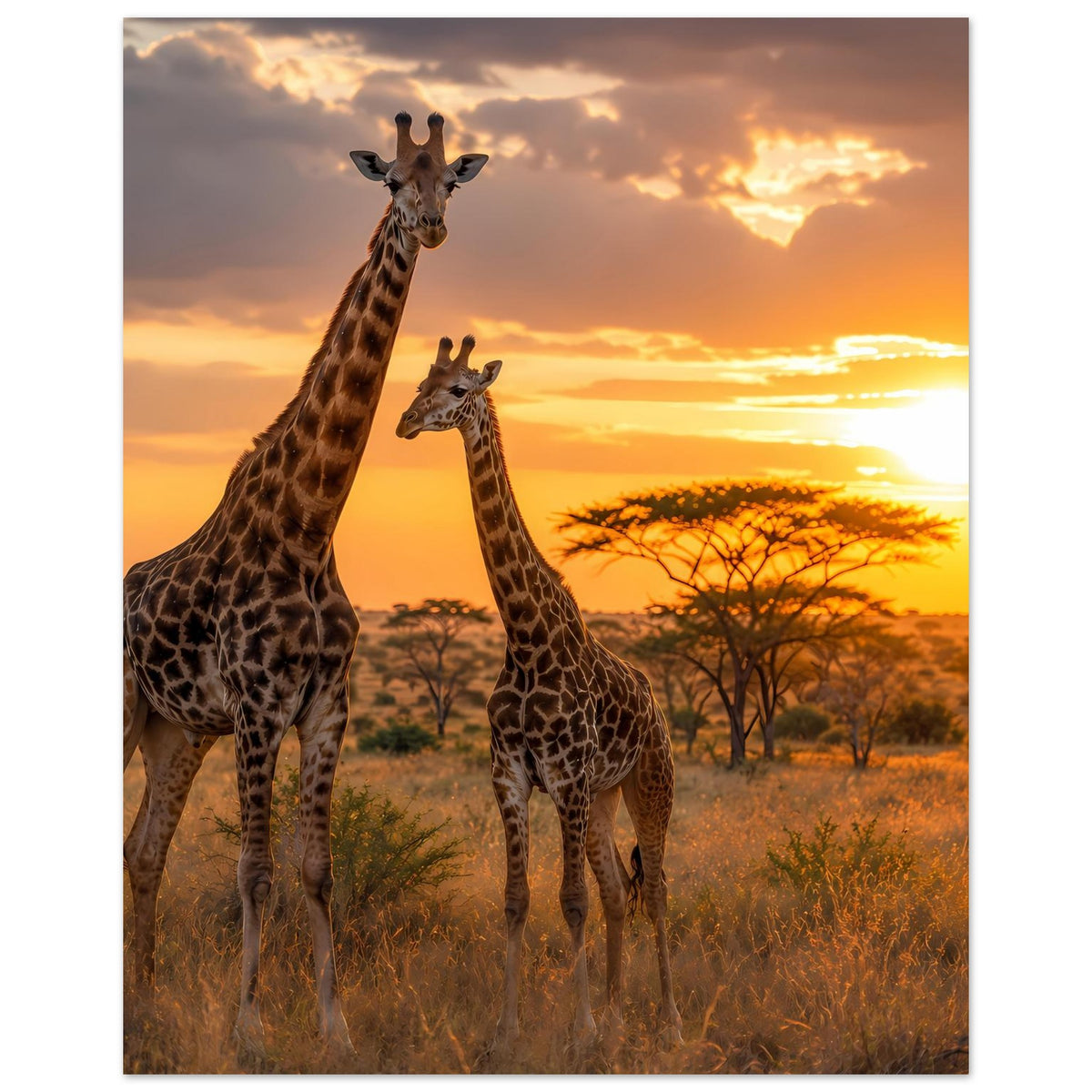 Poster mit zwei braun gemusterten Giraffen und warmem Safari-Farbstil