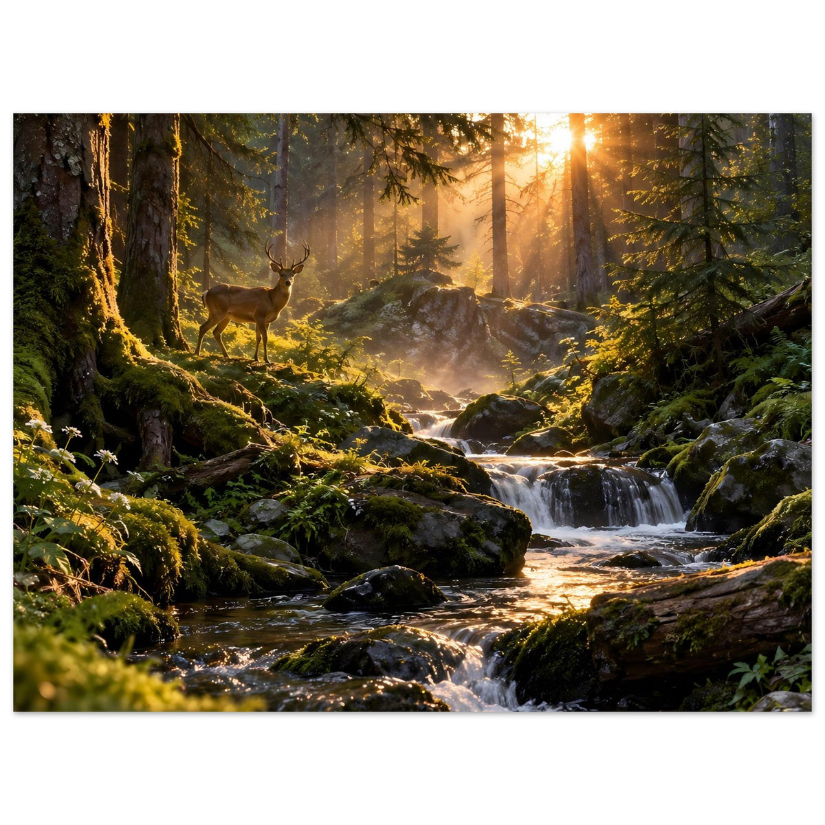 Poster mit Hirsch im Sonnenwald und plätscherndem Bach über Steinen
