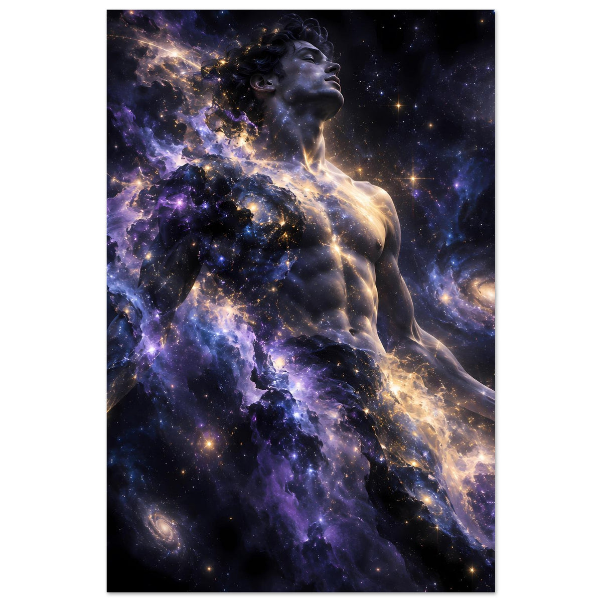 Galaxienposter mit Frauenfigur und Sternennebel in Violett, Gold und dunklem Blau