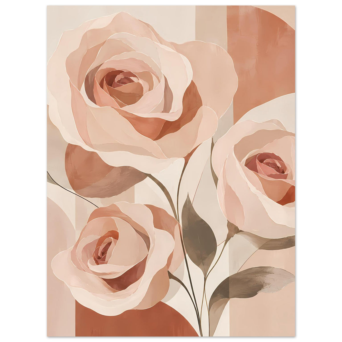 Florales Poster mit großen Rosenblüten in Rosa und Pfirsich, zarten Blättern und Stielen
