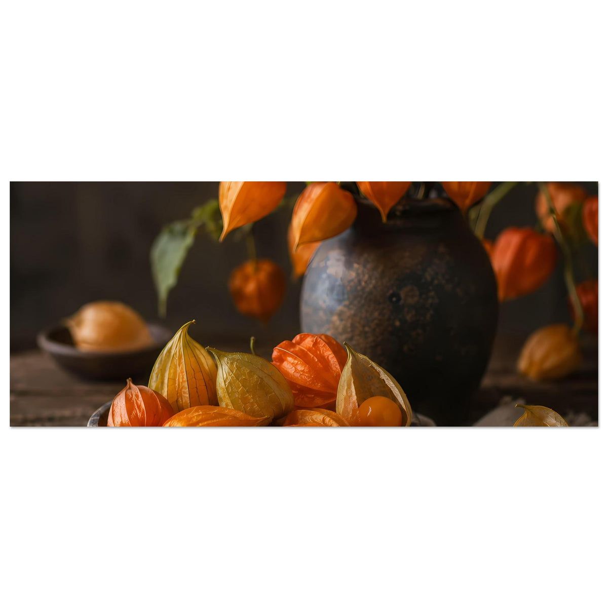 Herbstliches Stillleben-Poster, Querformat: obere Kürbisfrüchte über Schüssel und dunkler Vase