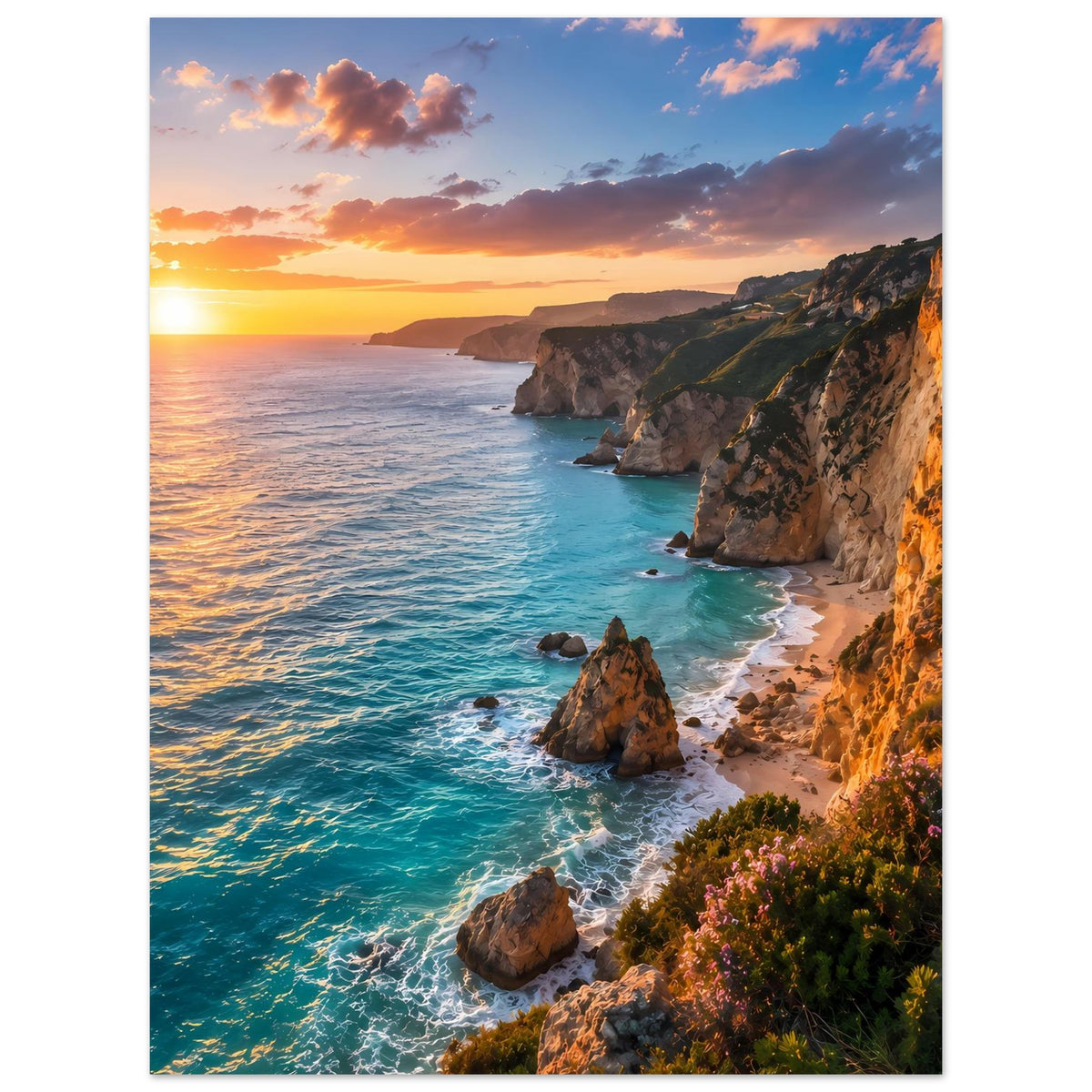 Poster mit Küstenklippen und Sonnenuntergang über türkisfarbenem Meer, vertikal
