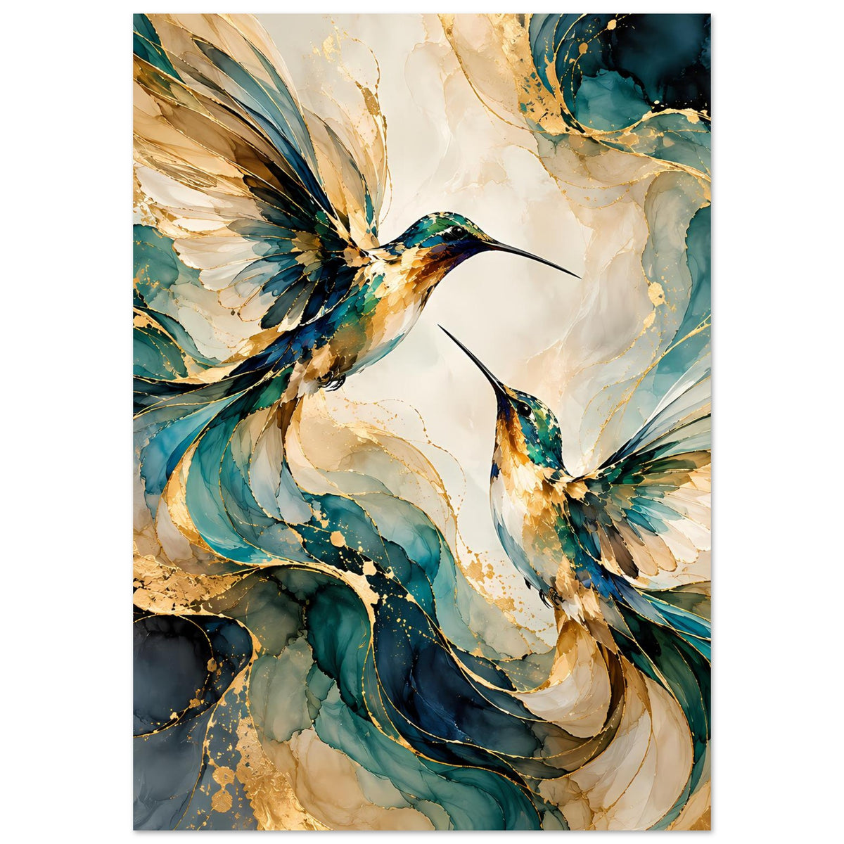 Vogelposter im Hochformat mit zwei Kolibris, türkisblaue und goldene Federdetails