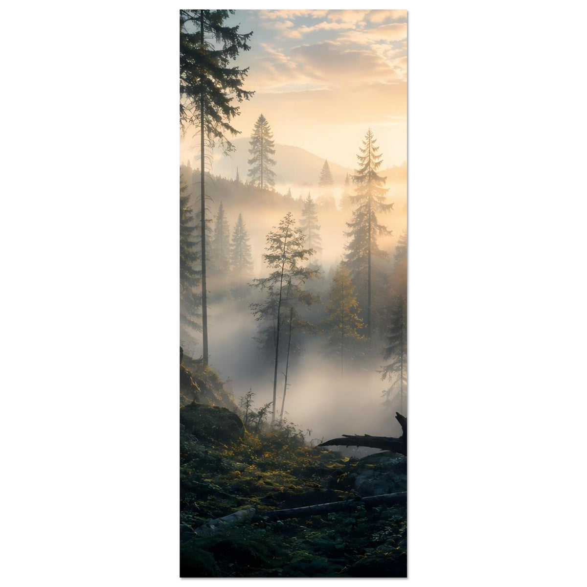 Hochformat-Poster Wald bei Sonnenaufgang mit Tannen, Nebel, Moosboden und mattem Papier