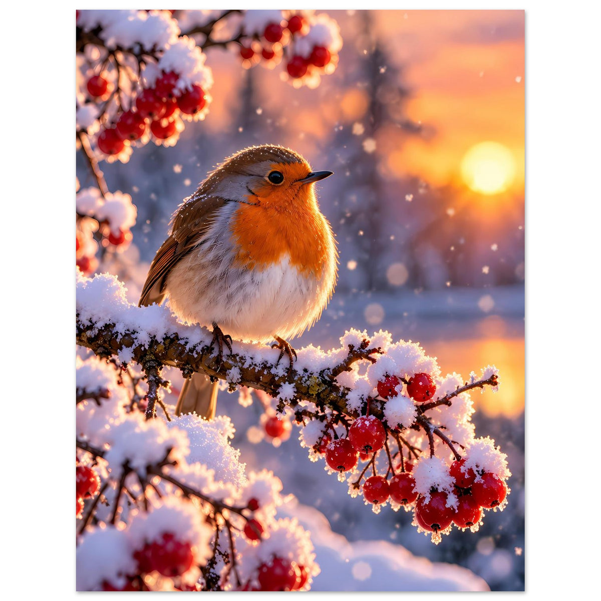 Poster mit Rotkehlchen auf Ast, Vogel im Fokus mit roten Beeren im Schnee