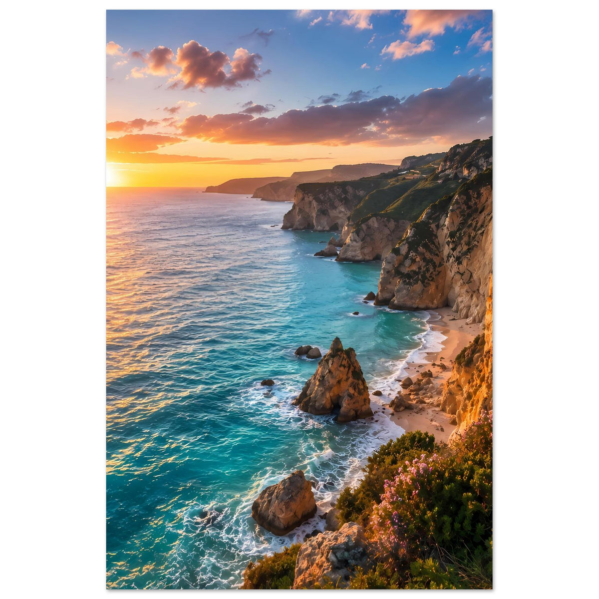 Sonnenuntergangs-Meerlandschaft-Poster im Rahmen, Hochformat mit Wellen und Klippen