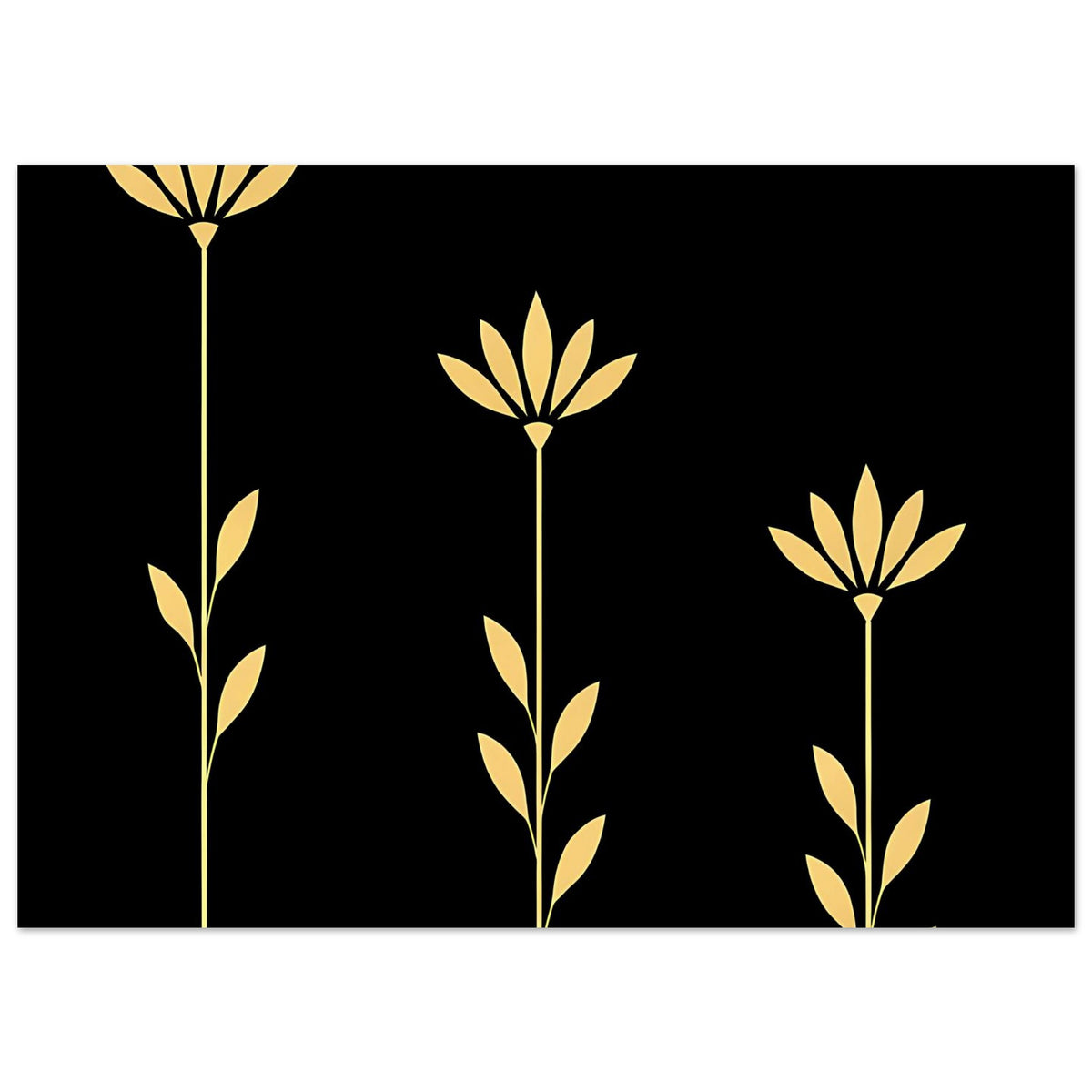 Botanisches Poster, horizontale Ansicht mit drei goldenen Blumenstielen und Blüten