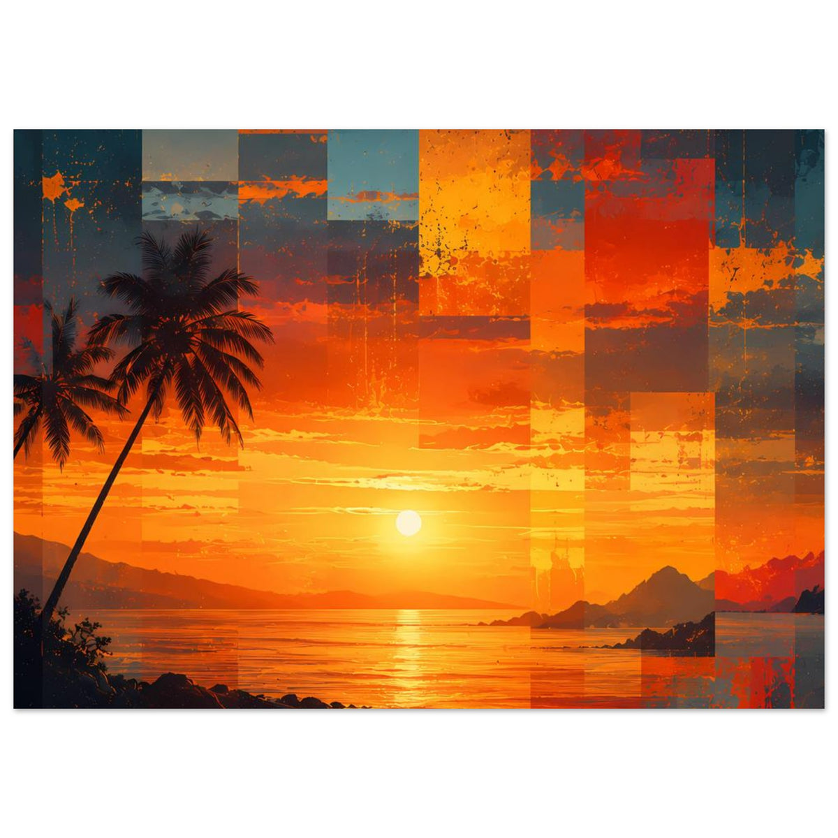 Kunstposter im Querformat: tropische Küste bei Sonnenuntergang, Palmen links, Sonne mittig, Farbfelder.