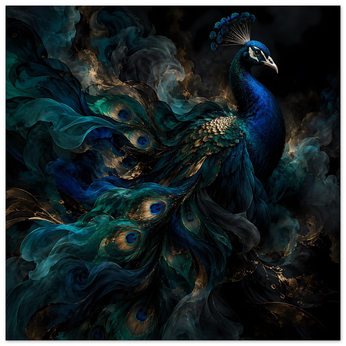 Kunstposter mit Pfau und dramatischen Wolken-Elementen, blau-grün-goldene Farbigkeit