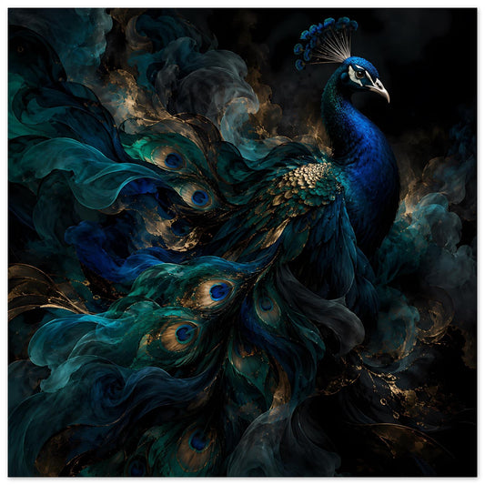 Kunstposter mit Pfau und dramatischen Wolken-Elementen, blau-grün-goldene Farbigkeit