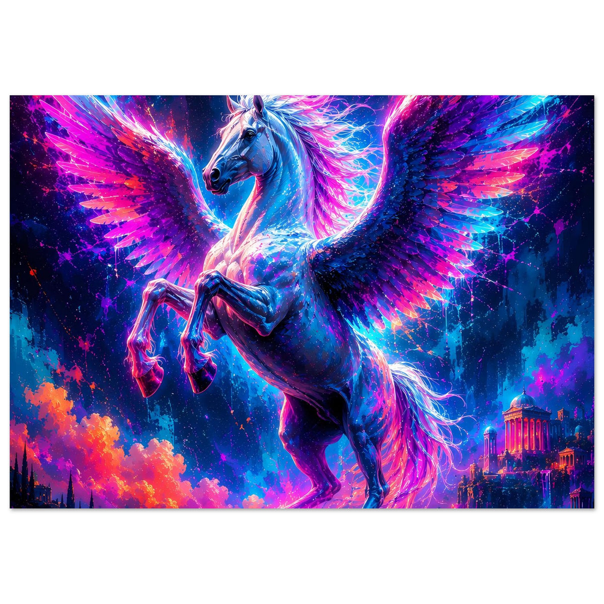 Leuchtendes Pegasus-Poster, Pegasus mit Flügeln, Neon-Pink und -Blau im Querformat