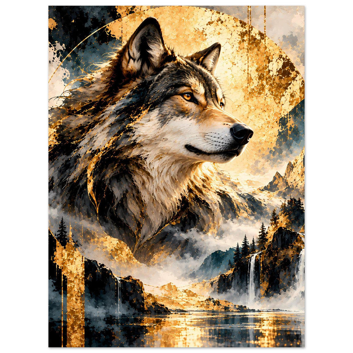 Wolf-Artposter mit goldenem Sprenkel und Wasserfall-Landschaft